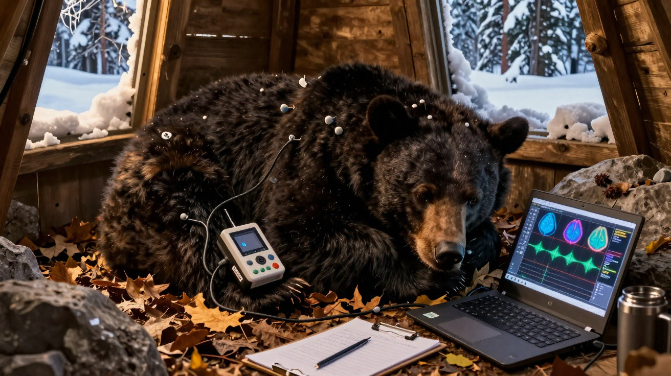 Braunbär im Holzhäuschen mit Sensoren, Laptop und Notizblock, umgeben von Herbstlaub und Schneelandschaft draußen.