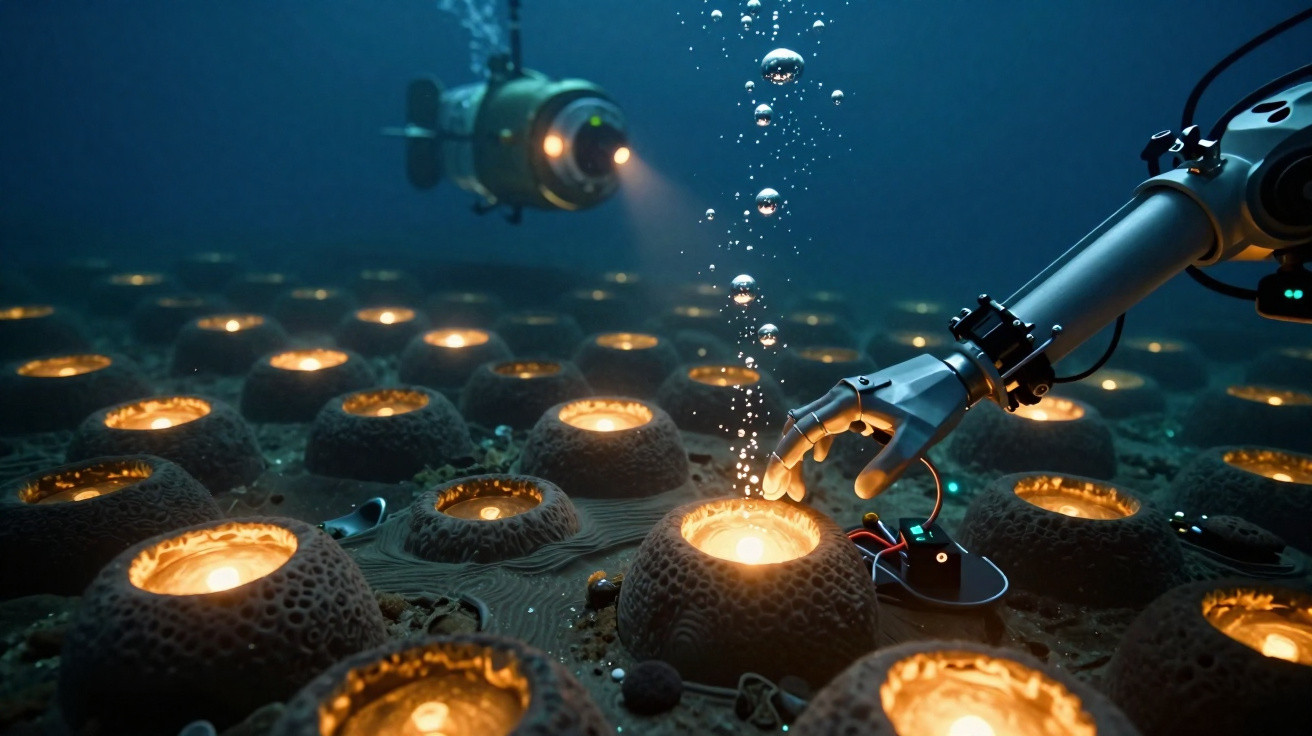 Unterwasseraufnahme mit Roboterhand, die leuchtende künstliche Korallen berührt, und minisubmarinem im Hintergrund.