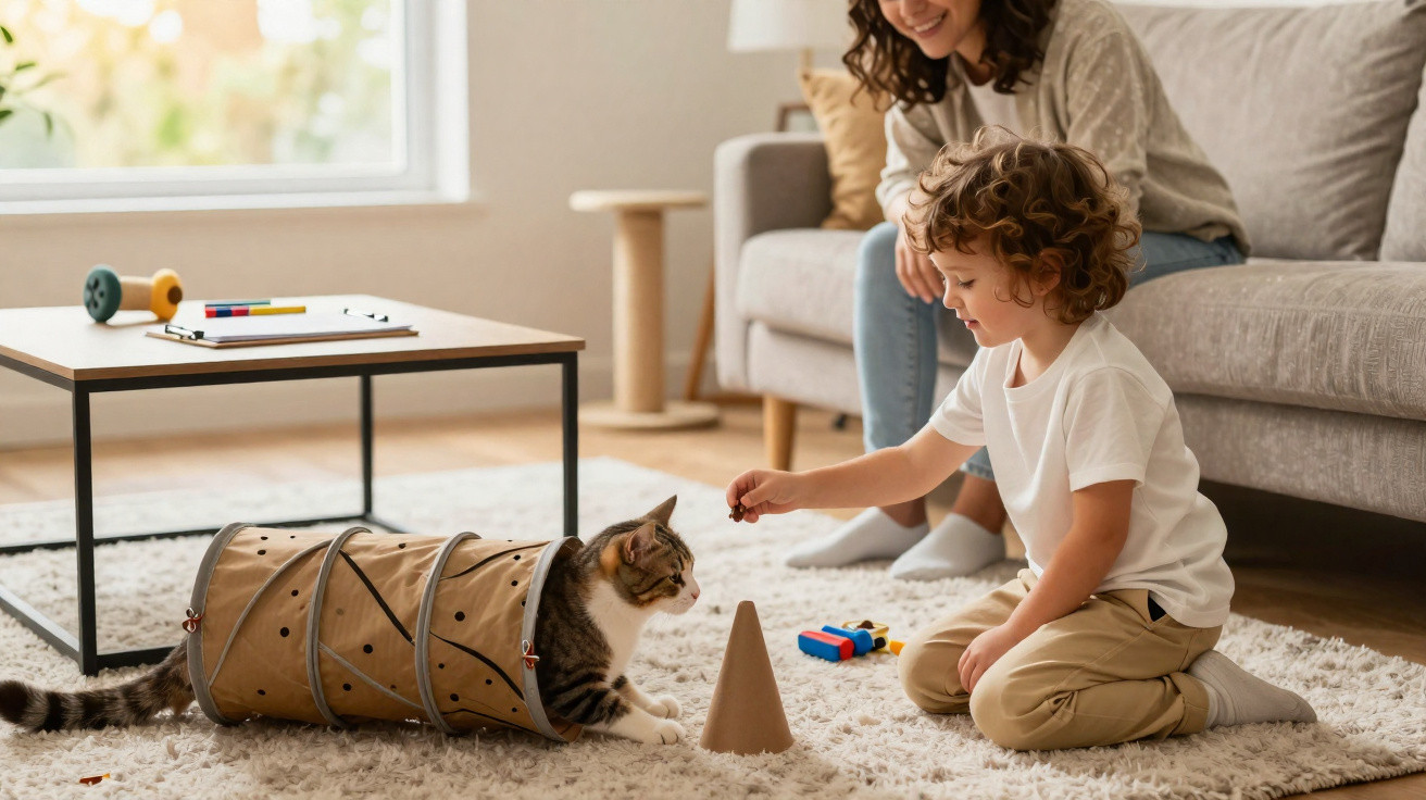 Kind spielt mit Katze in Tunnel, Frau beobachtet lächelnd auf Sofa im gemütlichen Wohnzimmer.