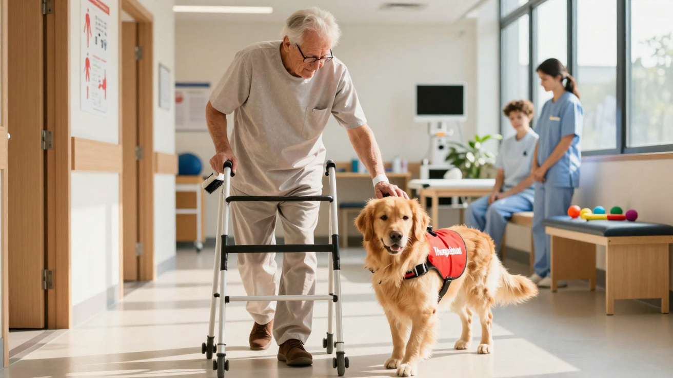 Älterer Mann geht mit Gehhilfe und Therapiehund in hellem Krankenhausflur, zwei Pflegekräfte beobachten.