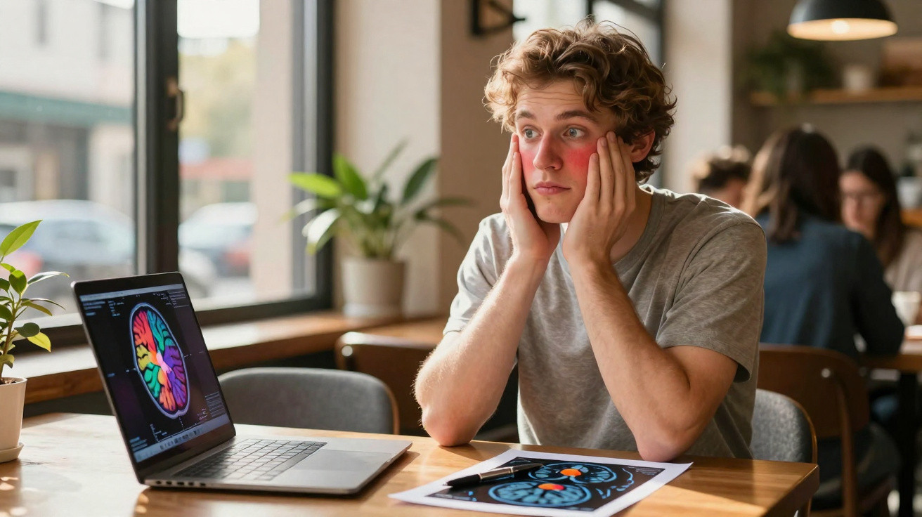 Junger Mann mit gerötetem Gesicht sitzt nachdenklich vor Laptop mit buntem Gehirnscan im Café.
