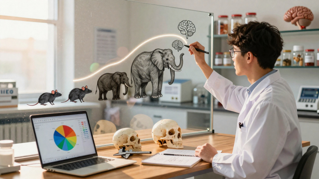 Forscher zeichnet Evolution von Maus zu Elefant und Entwicklung des Gehirns auf Glasplatte im Labor.