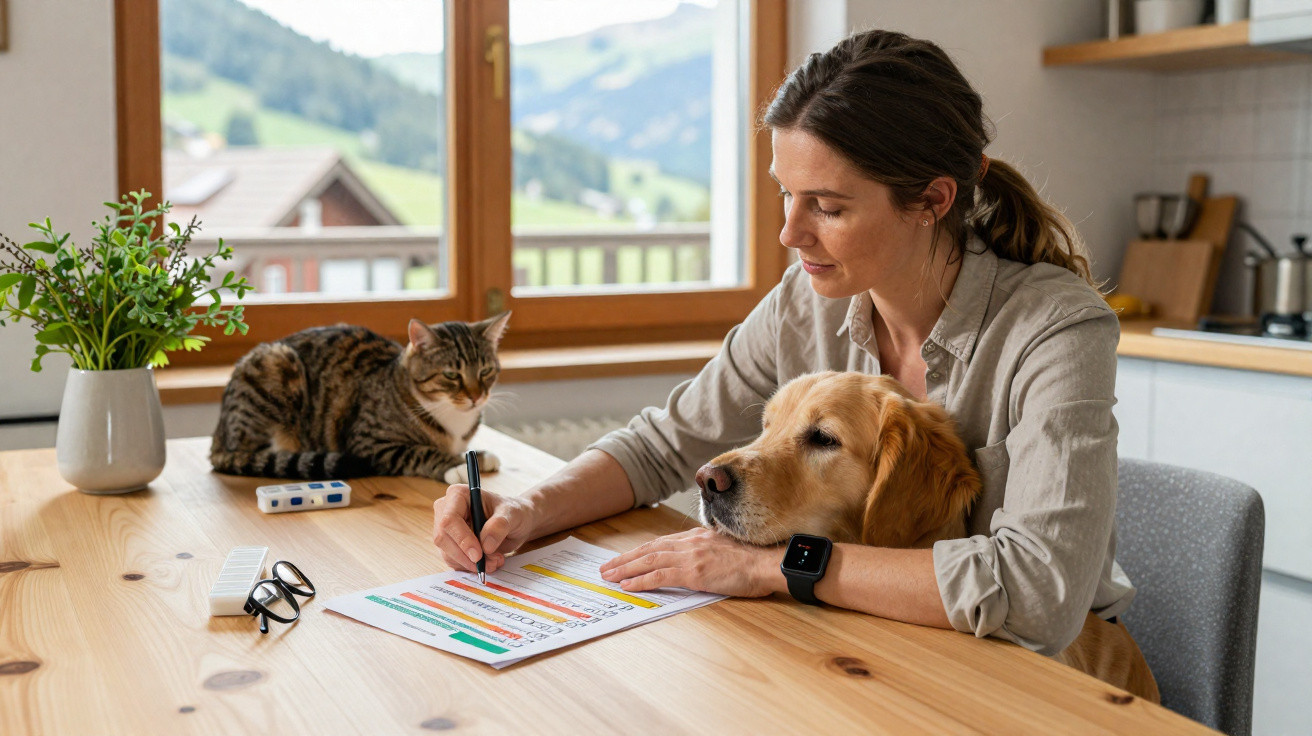 Frau arbeitet am Tisch mit Hund auf dem Schoß und Katze neben ihr, Blick aus Fenster auf grüne Landschaft.