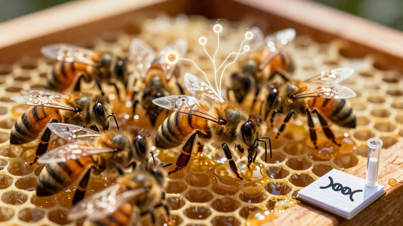 Honigbienen auf Waben mit Honig, teils mit grafischen Symbolen für digitale Vernetzung versehen.
