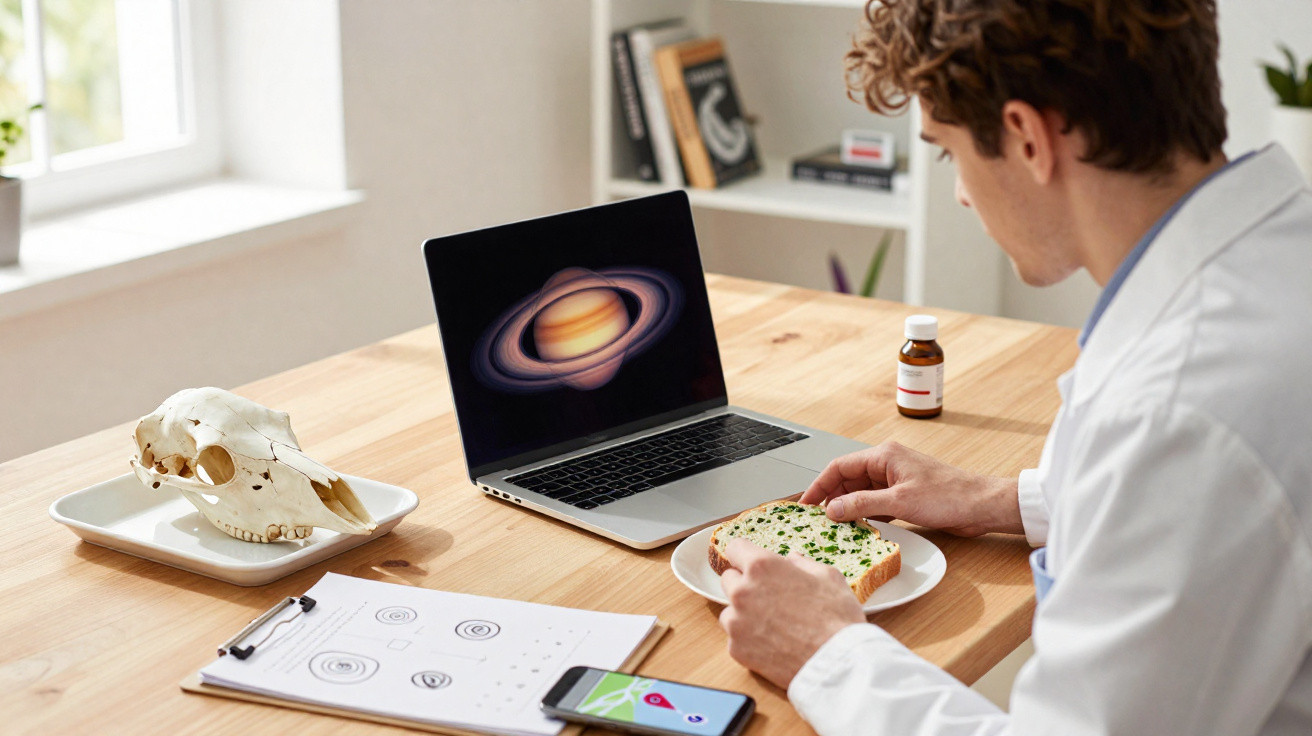 Mann in weißem Kittel isst Brot am Tisch mit Laptop, Schädel, Medikament und Smartphone in hellem Raum.