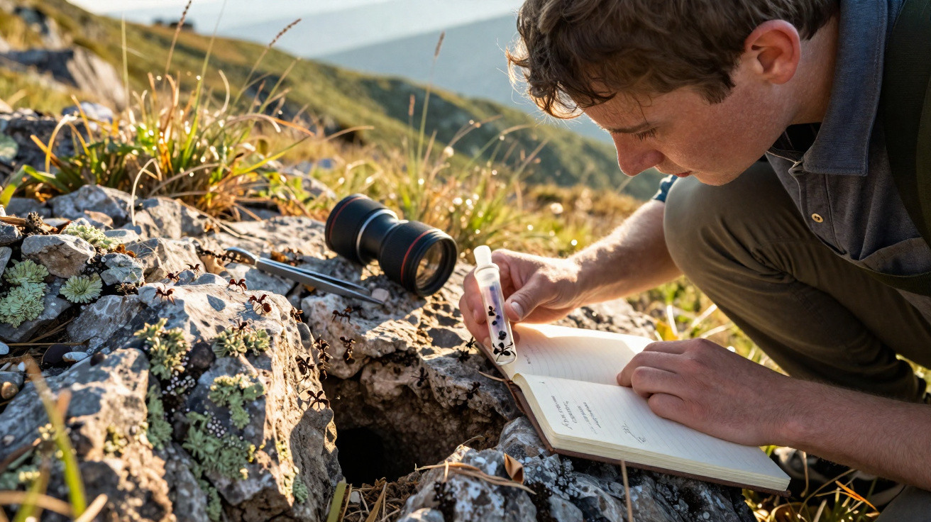 Mann schreibt in Notizbuch neben Steinhöhle in Berglandschaft bei Sonnenlicht, mit Kameralinse am Boden.