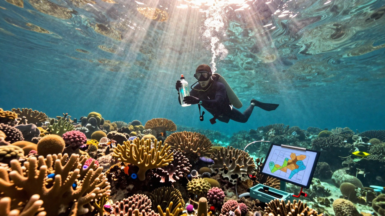 Taucher untersucht Korallenriff, hält Probe, Monitor zeigt Kartenanalyse unter Wasser bei Sonnenstrahlen.