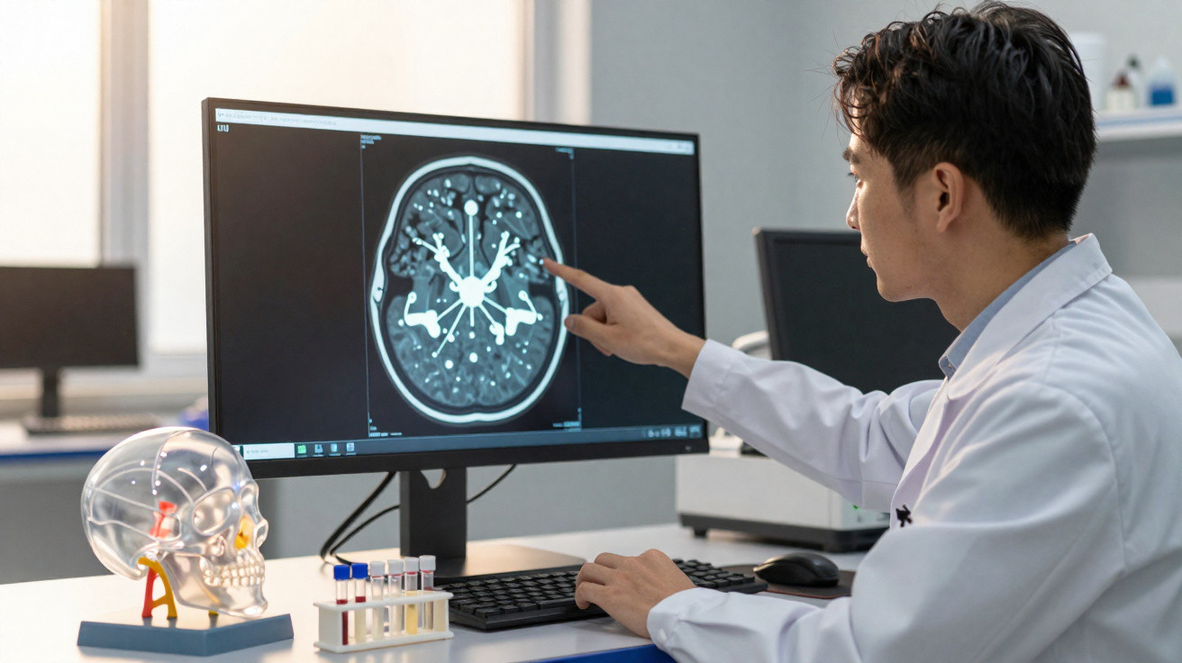 Arzt analysiert Gehirn-Scan auf Bildschirm, Schädelmodell und Blutproben am Tisch im Labor sichtbar.