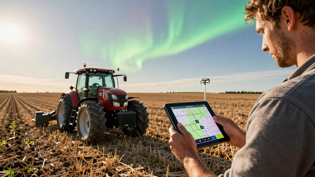 Mann bedient Tablet zur Steuerung eines Traktors auf Feld bei Sonnenuntergang mit Nordlichtern am Himmel.