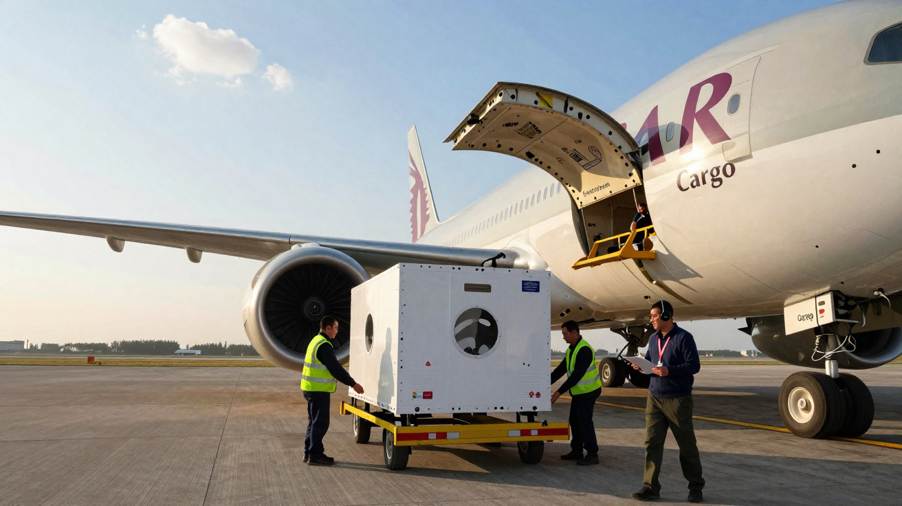 Drei Männer verladen eine große Frachtkiste an einem Frachtflugzeug am Flughafen an einem sonnigen Tag.