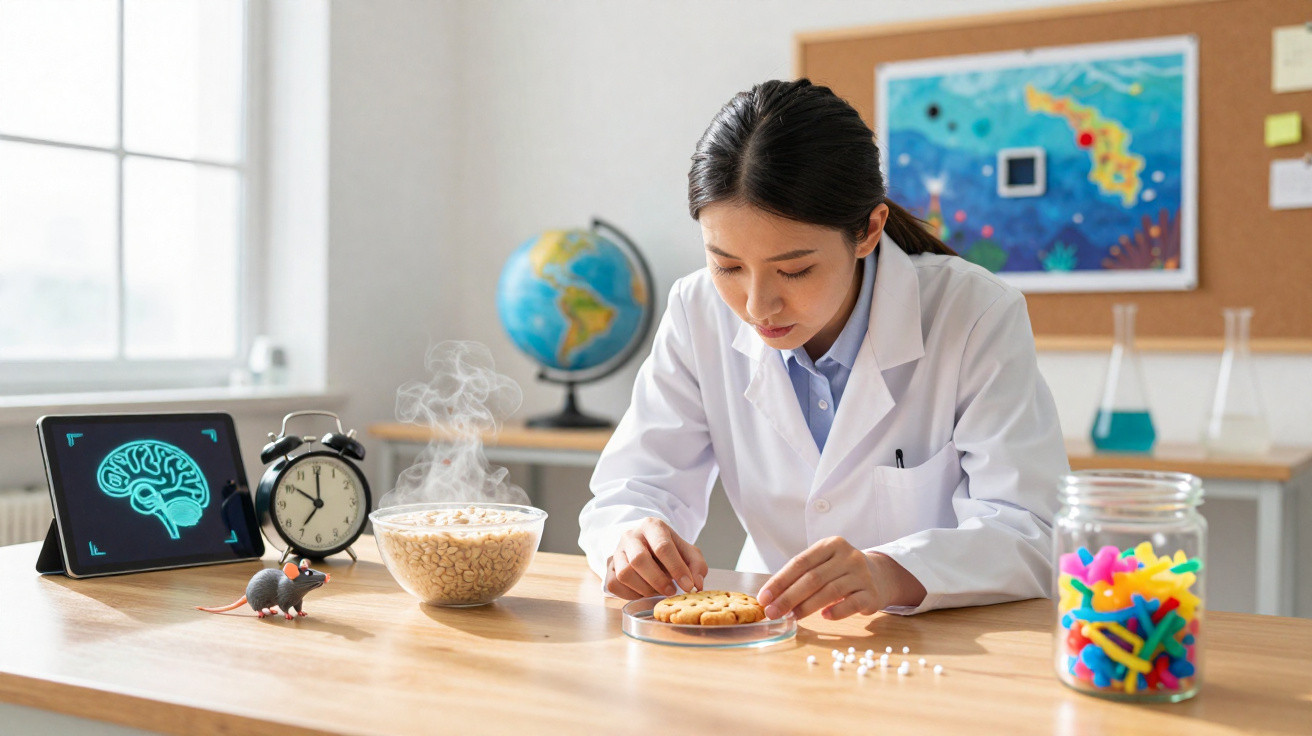 Wissenschaftlerin im Labor untersucht Kekse, umgeben von Tablet, Wecker, Erlenmeyerkolben und Spielzeug.