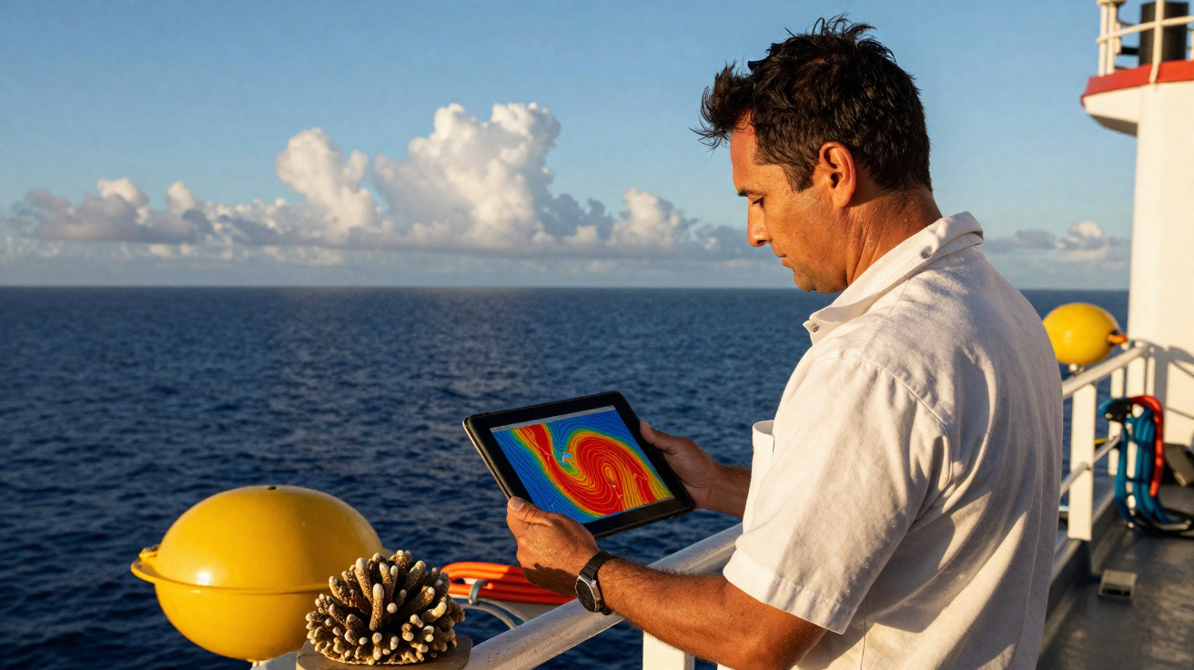 Mann steht auf Deck eines Schiffs und betrachtet Wetterdaten auf einem Tablet, Meer im Hintergrund.