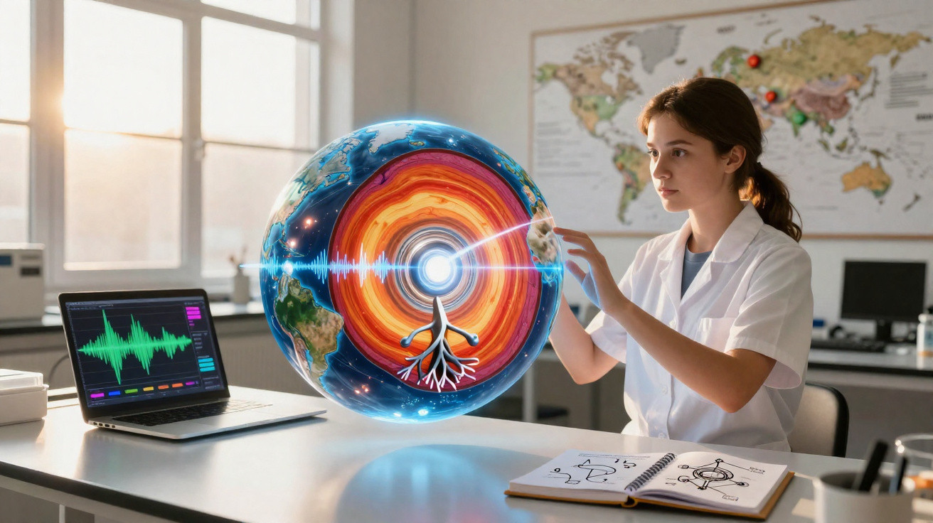 Jugendliche Forscherin analysiert mit virtueller Projektion das Erdinneres im modernen Klassenraum.