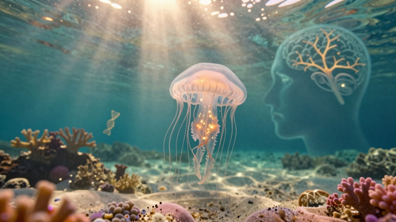 Unterwasseraufnahme einer Qualle mit DNA-Strang und schematischem menschlichen Kopf mit Baumstruktur im Gehirn.