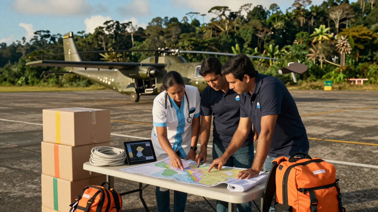 Drei Personen planen auf einer Landebahn mit Karte vor Flugzeug und Hilfsgütern eine Mission.