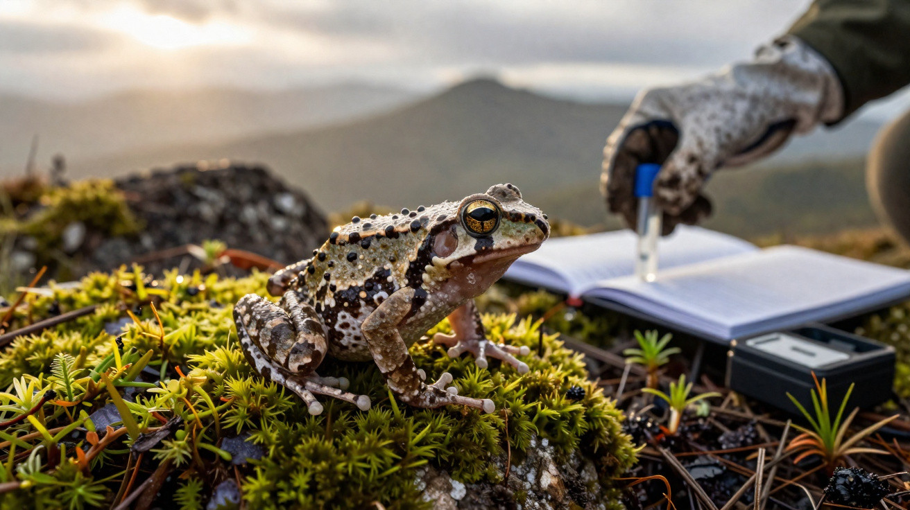 Kröte sitzt auf moosbedecktem Felsen, im Hintergrund gloved Hand mit Messgerät und offenem Notizbuch.