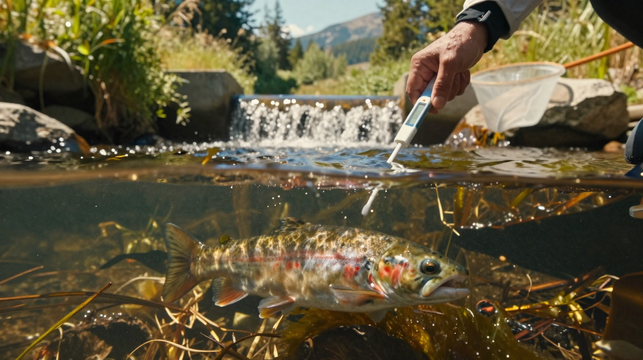 Person misst mit digitalem Gerät die Wasserwerte in einem klaren Gebirgsbach mit Forelle und Wasserfall.