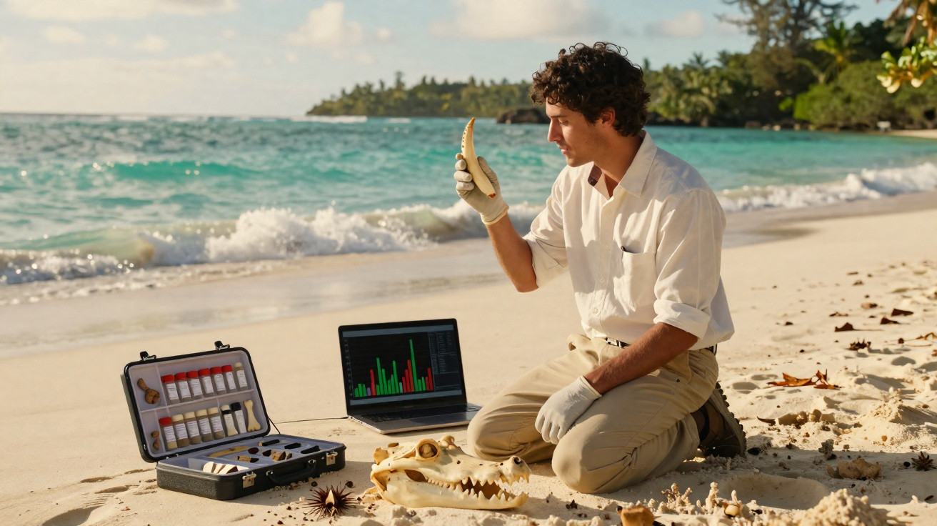 Mann mit Handschuhen untersucht Knochen am Strand neben Laptop und Koffer mit Proben vor Meer und Palmen.