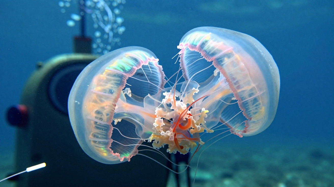 Zwei leuchtende, durchsichtige Quallen schweben im klaren Wasser vor einer Unterwasserkamera.