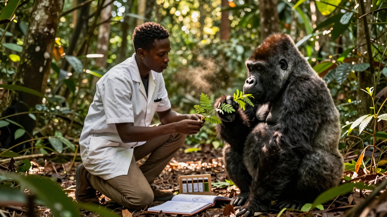 Ein Forscher kniet im Wald und füttert einen sitzenden Gorilla mit Blättern.