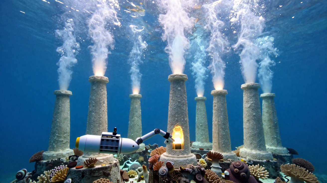 Unterwasserszene mit sieben rauchenden Säulen, Korallen und einem kleinen Tauchroboter im blauen Meer.