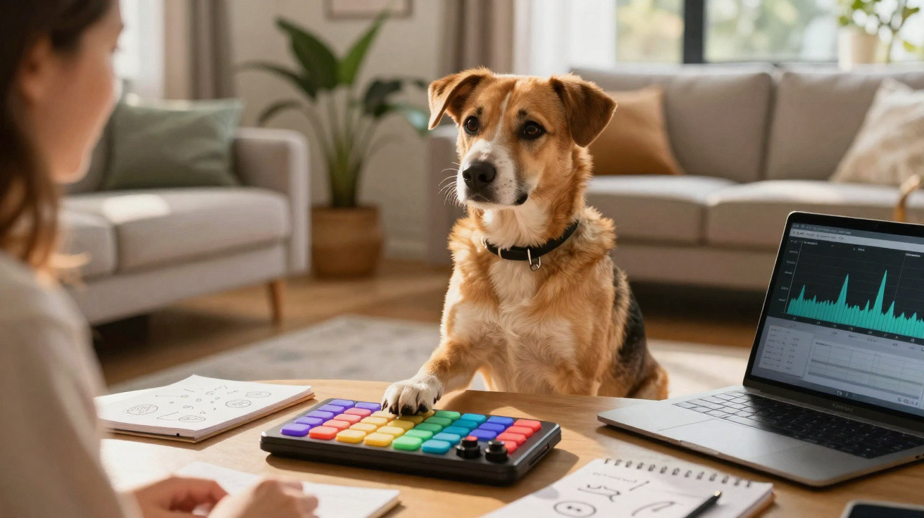 Hund berührt farbige Tasten auf einem elektronischen Gerät am Schreibtisch, Person daneben sichtbar.