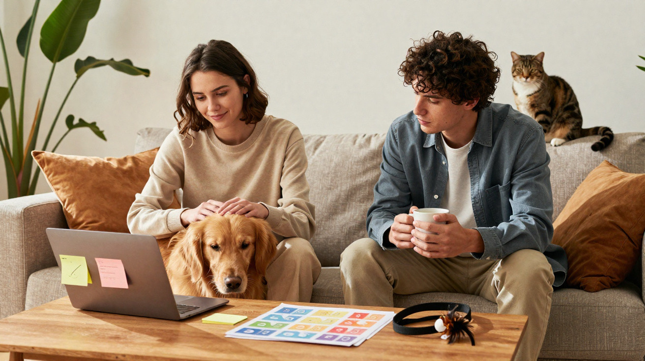 Junges Paar mit goldenem Hund und Katze auf der Couch, Laptop und Unterlagen auf dem Tisch.