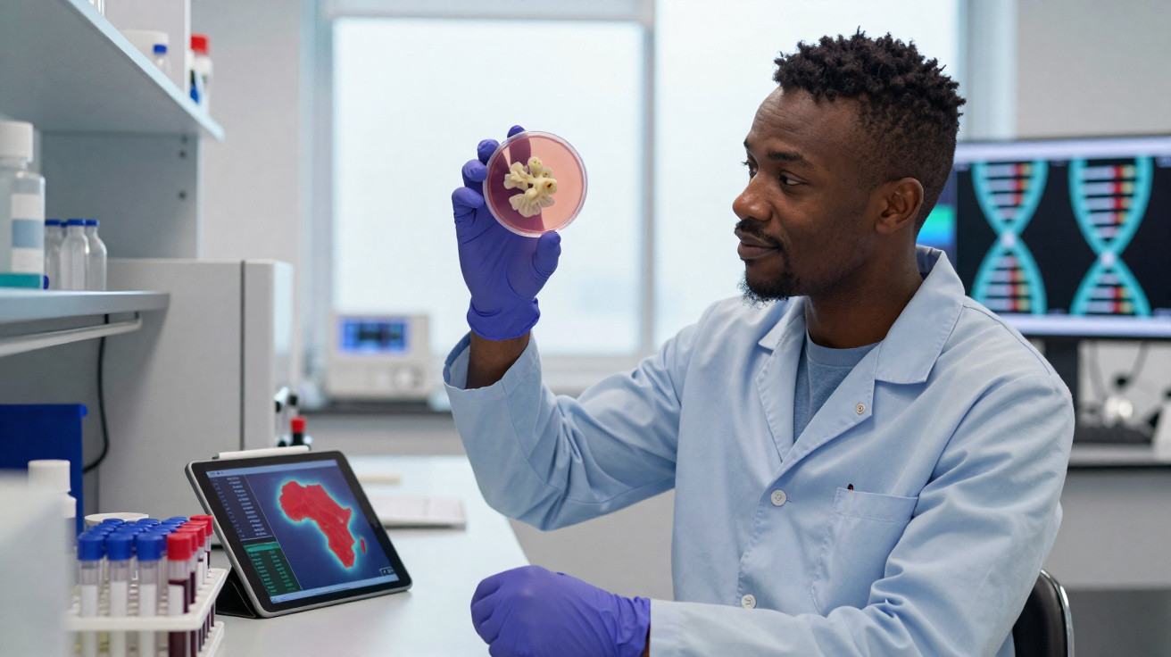 Wissenschaftler im Labor untersucht mit Handschuhen eine Petrischale mit Zellkultur vor Monitoren mit DNA-Daten.