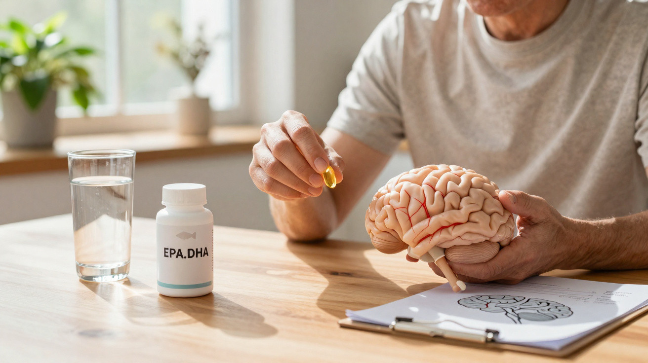 Person hält Modell eines Gehirns und Omega-3-Kapsel, daneben Glas Wasser und EPA.DHA Nahrungsergänzungsmittel.