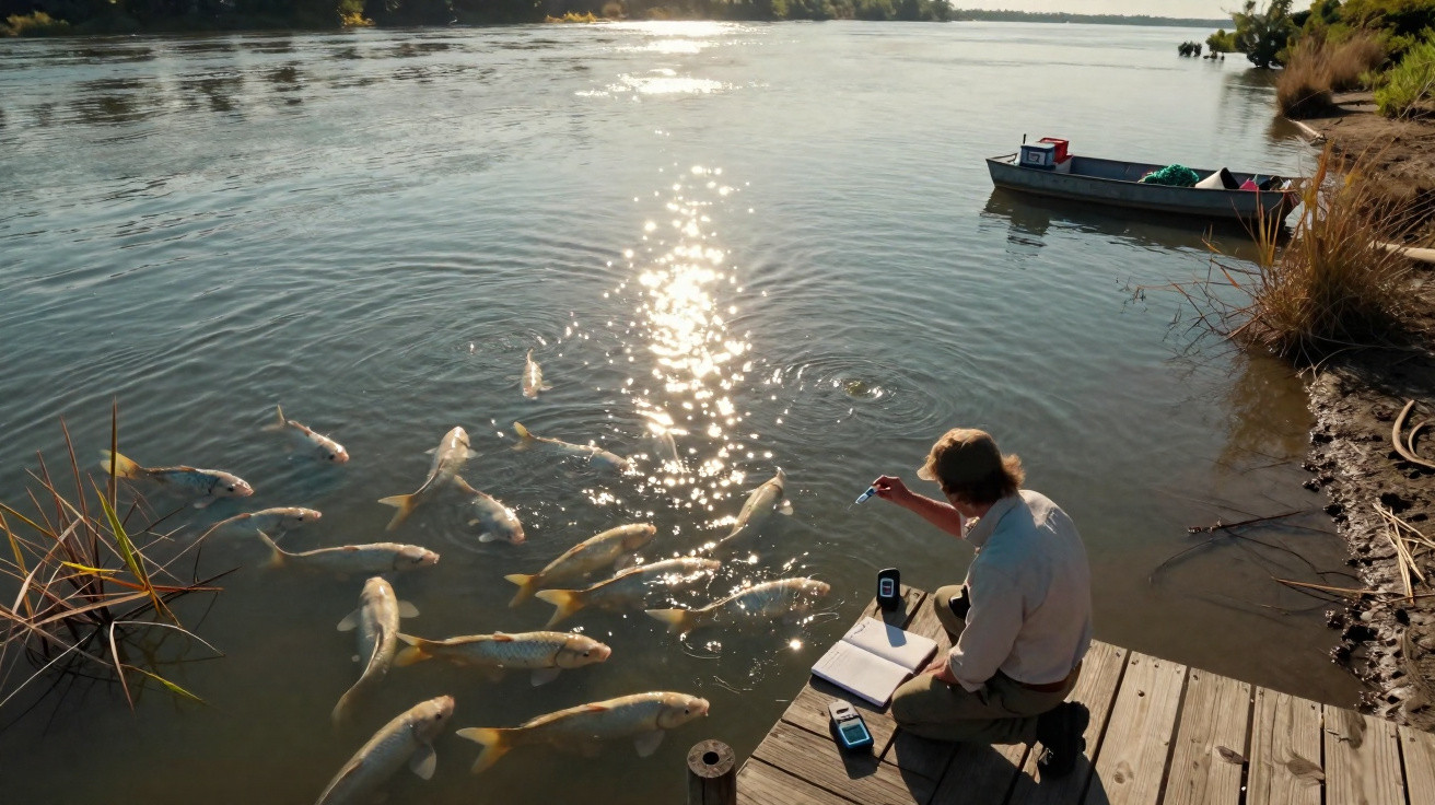 Mann sitzt auf Steg am Fluss, misst Wasserqualität, Fische schwimmen im hellen Wasser bei Sonnenlicht.