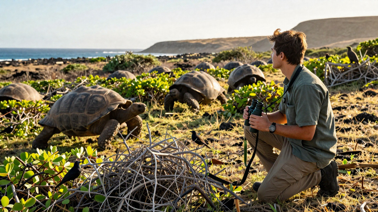 Mann beobachtet mit Fernglas mehrere Riesenschildkröten in einer sonnigen Küstenlandschaft.