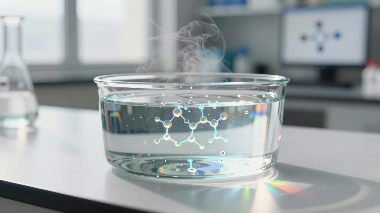 Glas mit heißem Wasser und chemischer Molekülstruktur in einem Labor auf einem Tisch mit Dampf.