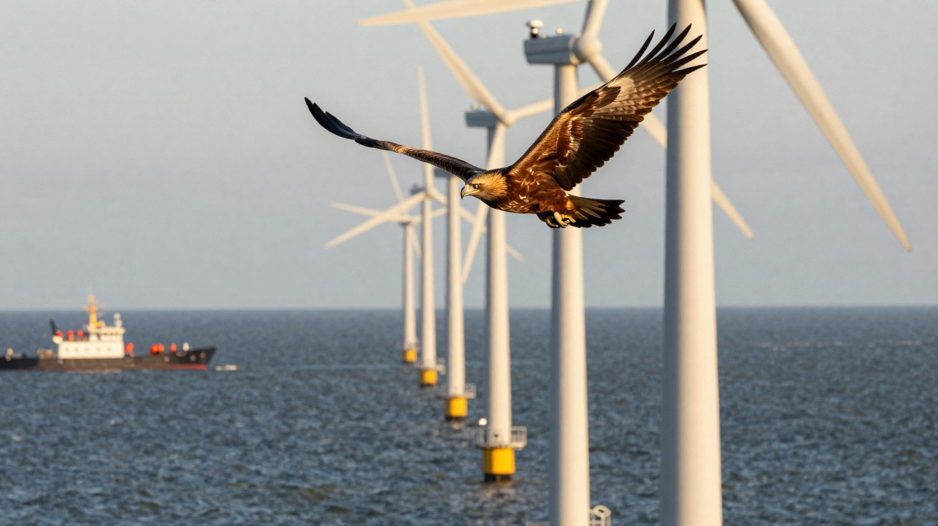 Adler fliegt vor Offshore-Windpark über ruhiger Meeresoberfläche mit Schiff im Hintergrund.