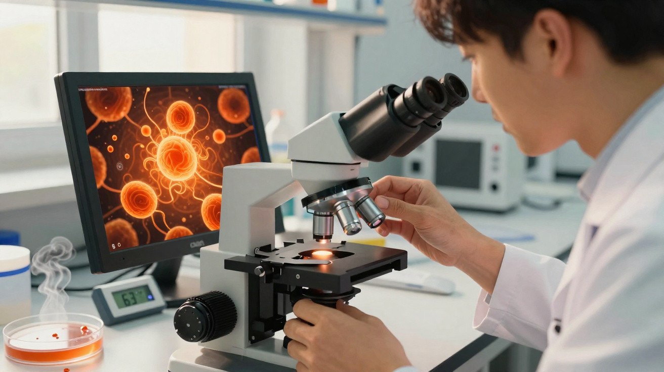 Forscher untersucht Zellstrukturen mit Mikroskop, Computermonitor zeigt vergrößerte Zellen in Laborumgebung.