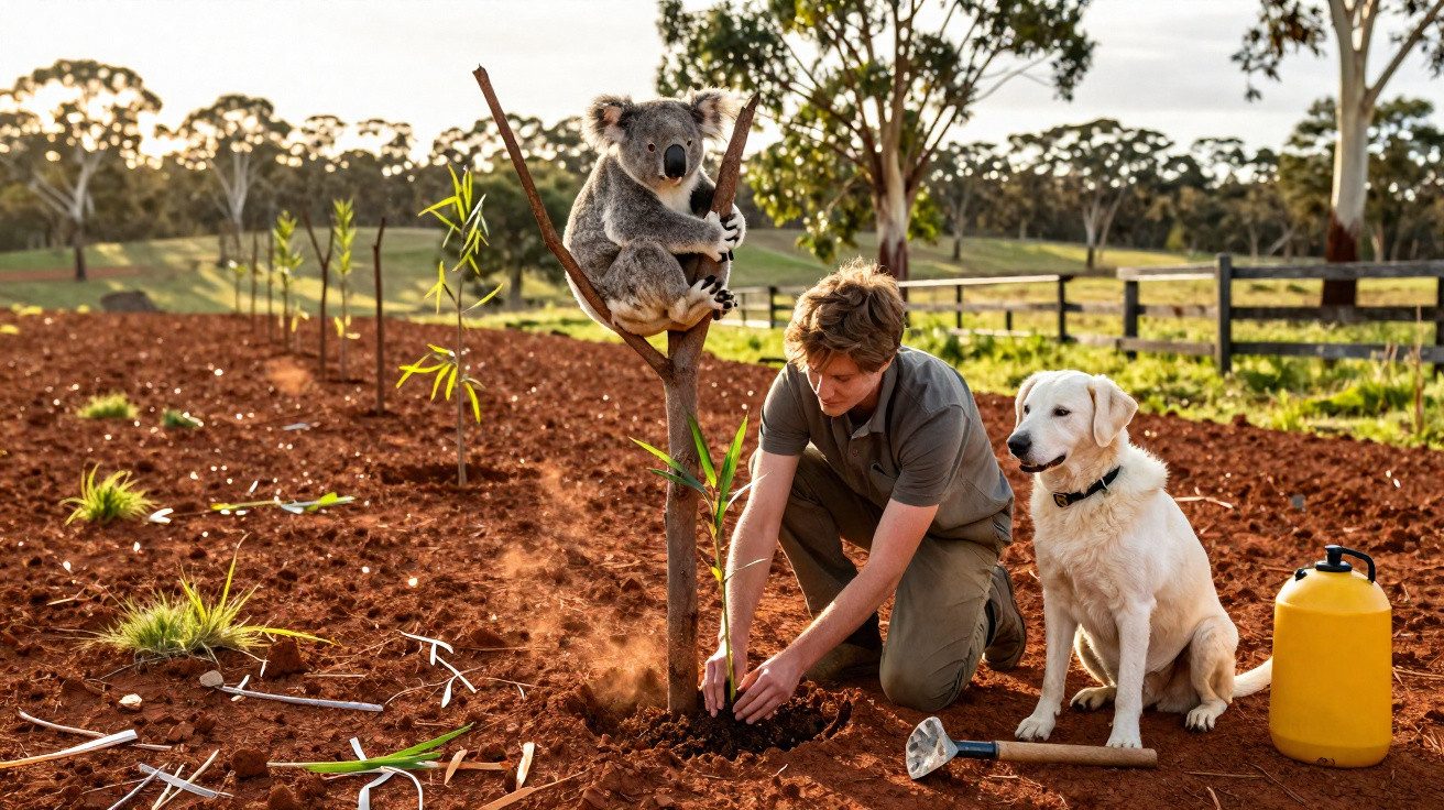 Mann pflanzt Baum, Koala sitzt in Ast, Hund sitzt daneben, ländliche Umgebung bei Sonnenuntergang.