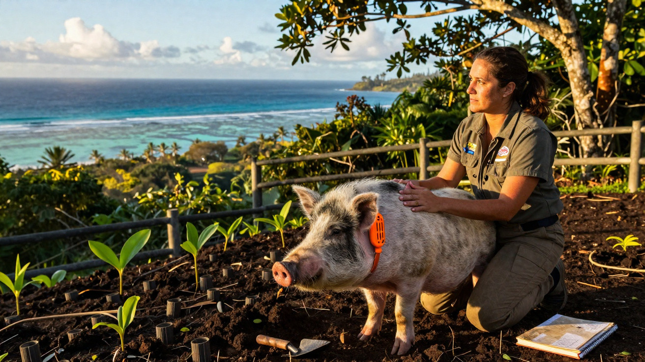 Frau in Outdoor-Kleidung kniet neben einem großen Schwein in einem bepflanzten Garten mit Meer im Hintergrund.