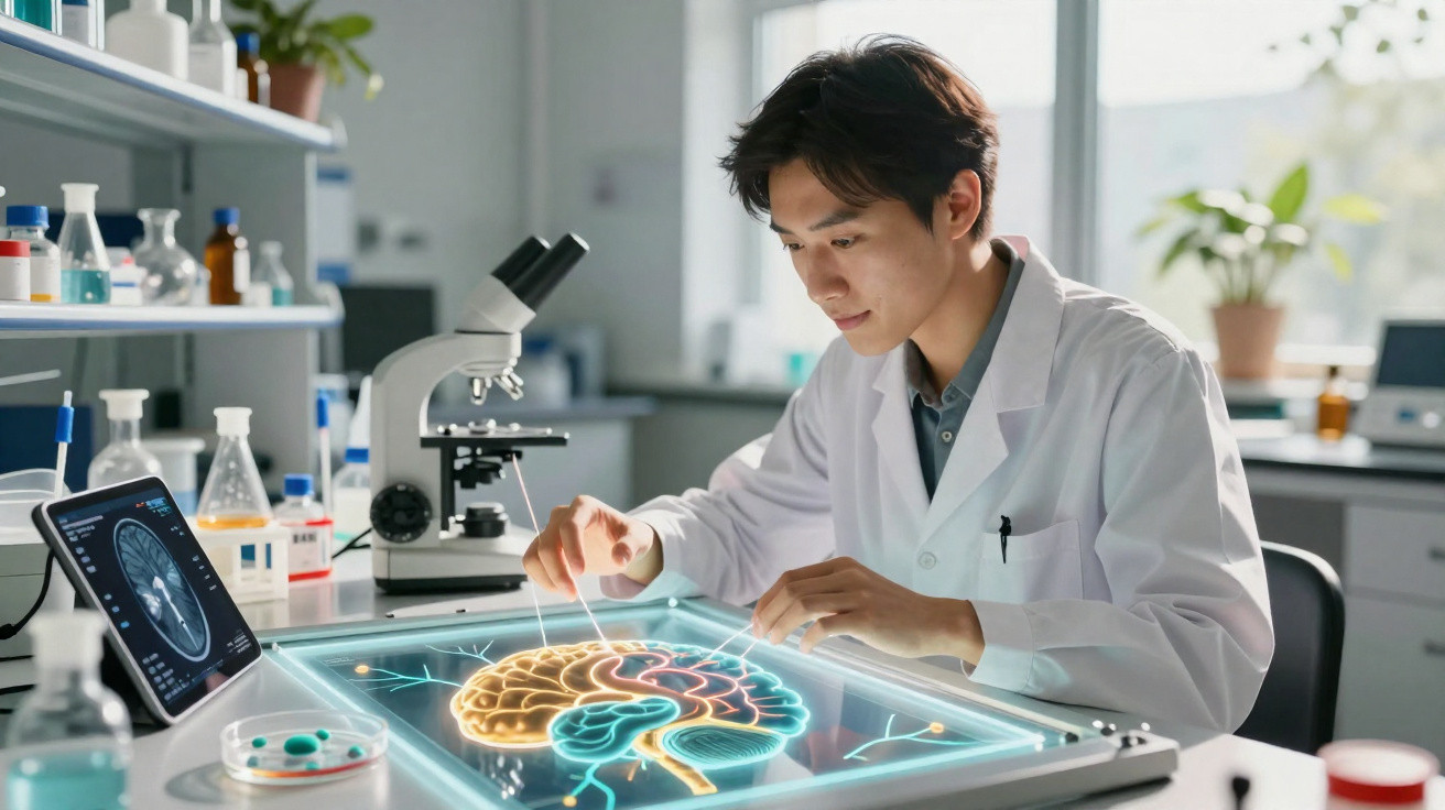 Wissenschaftler im Labor analysiert digitales 3D-Modell eines Gehirns auf einem Leuchttisch.
