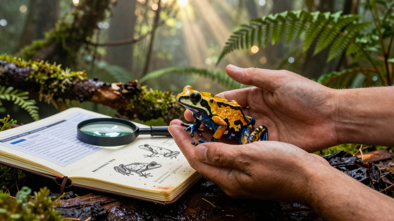 Hände halten einen bunten Pfeilgiftfrosch im Wald, neben einem geöffneten Bestimmungsbuch und einer Lupe.