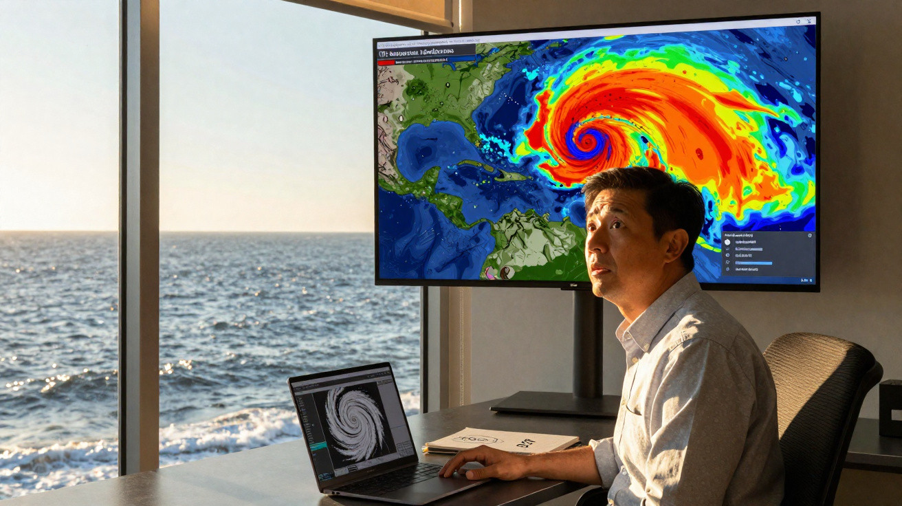 Mann analysiert auf Laptop und Bildschirm eine Wetterkarte mit einem großen Wirbelsturm, Meer im Hintergrund.