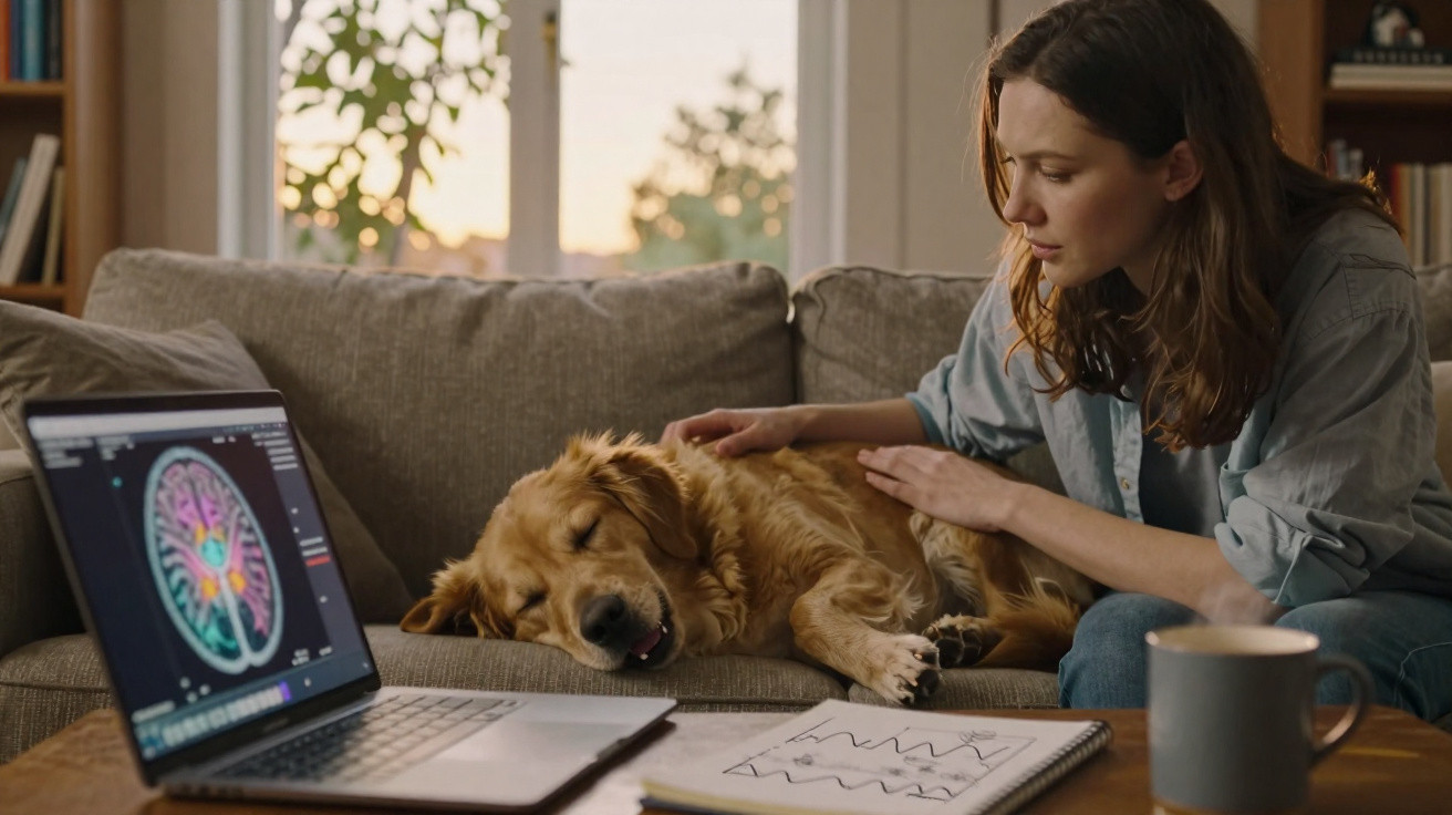 Frau sitzt auf Sofa und streichelt schlafenden Hund, Laptop mit Gehirnscan und Notizen auf Tisch.