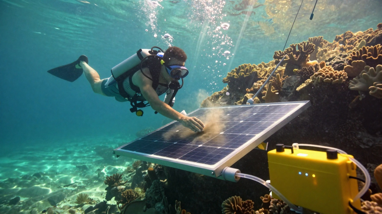 Taucher reinigt unter Wasser ein Solarpanel neben einem Korallenriff mit gelbem Messgerät.