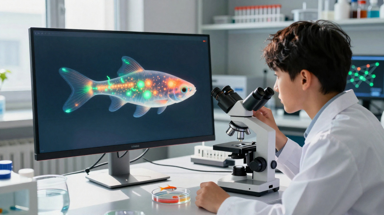 Junger Wissenschaftler untersucht Fisch mit Leuchtdaten am Bildschirm im Labor mittels Mikroskop.