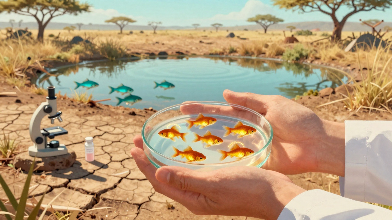 Hände halten Petrischale mit Goldfischen vor ausgetrocknetem Wasserloch und Mikroskop in trockener Savanne.