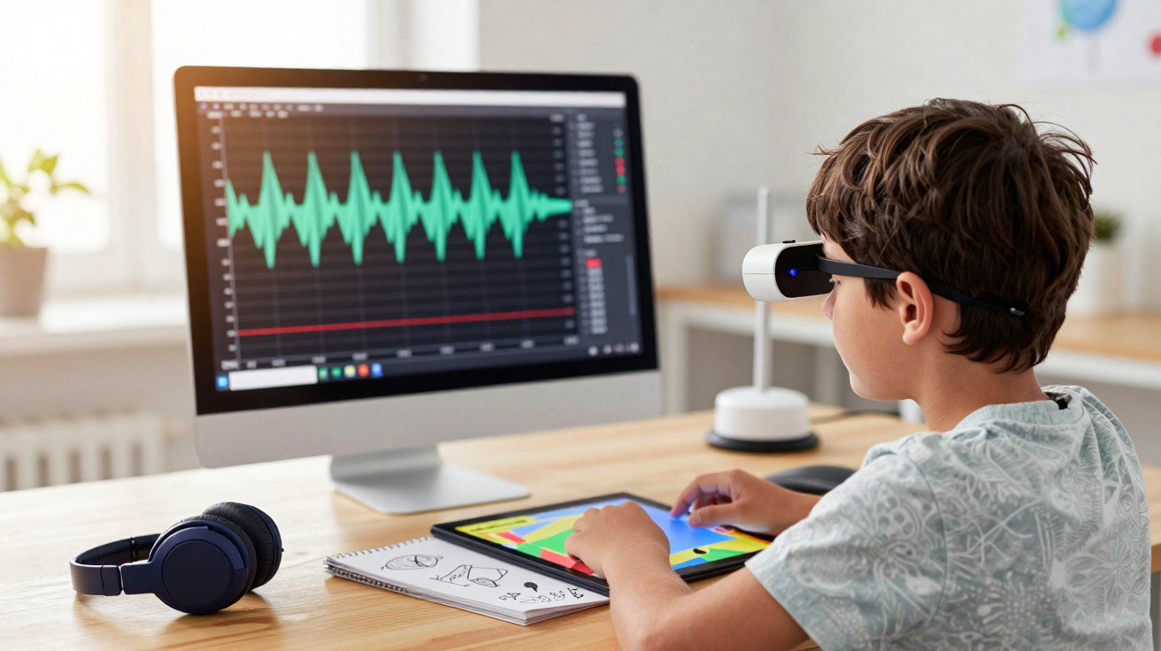 Kind mit Virtual-Reality-Brille vor Computer mit Audio-Visualisierungsprogramm und Tablet am Tisch im hellen Zimmer