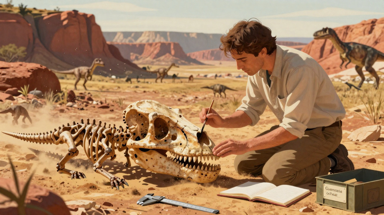 Paläontologe rekonstruiert lebendes Dinosaurier-Skelett in Wüstenlandschaft mit anderen Dinosauriern im Hintergrund.
