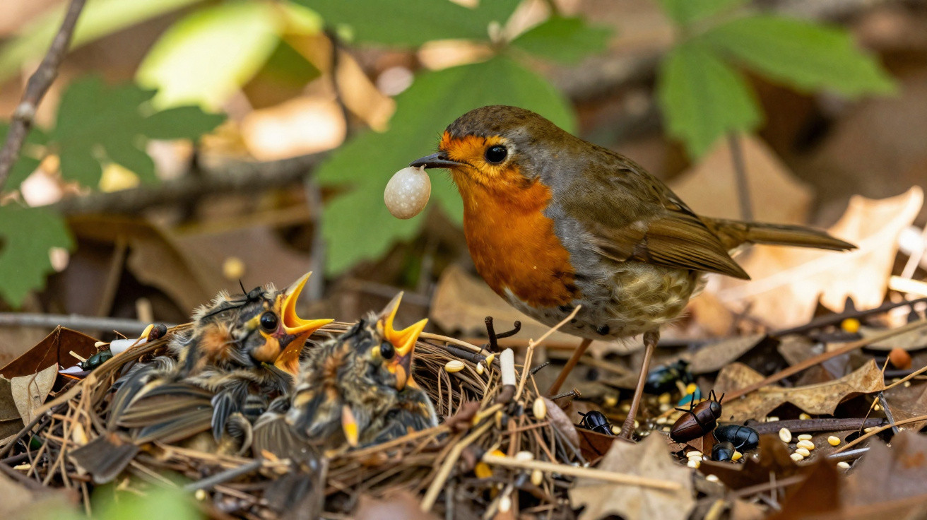 Rotkehlchen füttert seine drei Jungvögel im Nest mit einer Beere im herbstlichen Waldlaub.