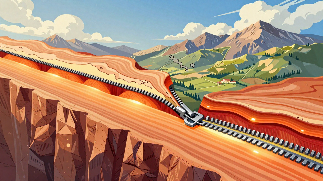 Illustration einer Berglandschaft mit offenem Reißverschluss, der Erdschichten und eine Schlucht freilegt.