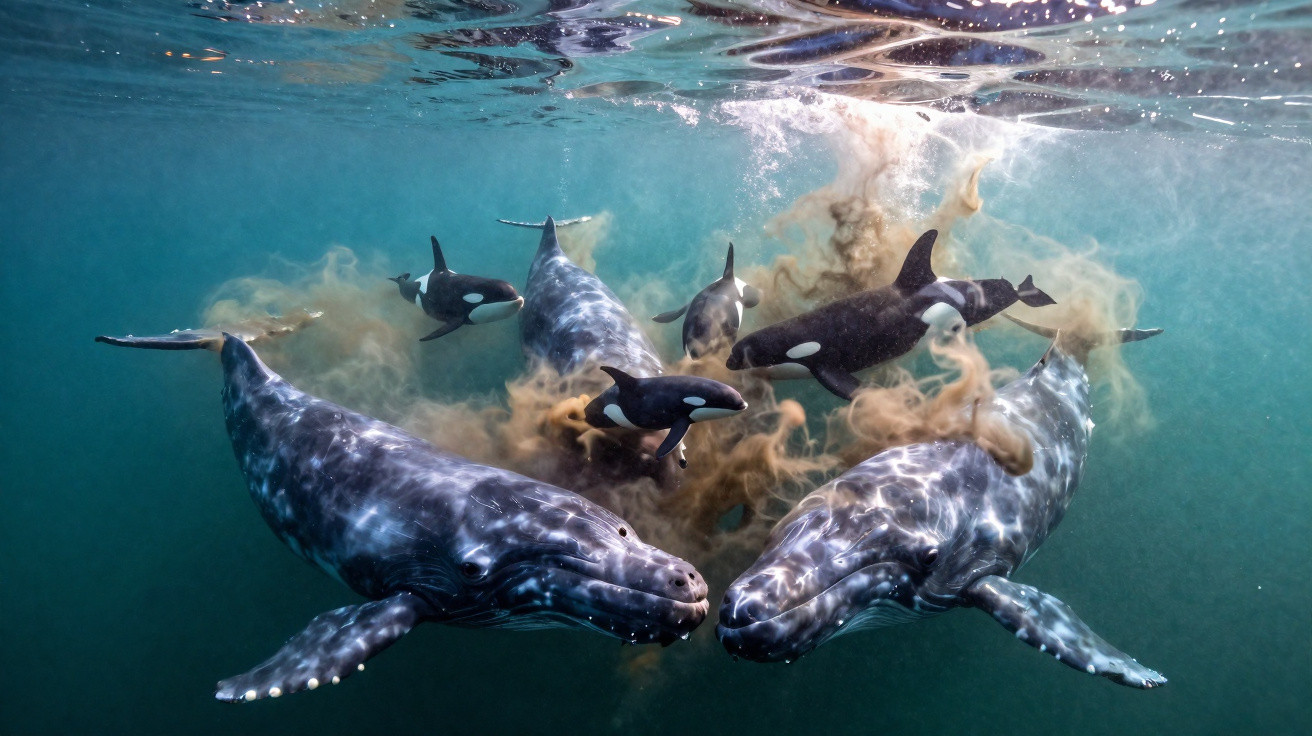 Zwei Pottwale und mehrere Orca-Killerwale schwimmen zusammen unter Wasser in trüben Wassern.