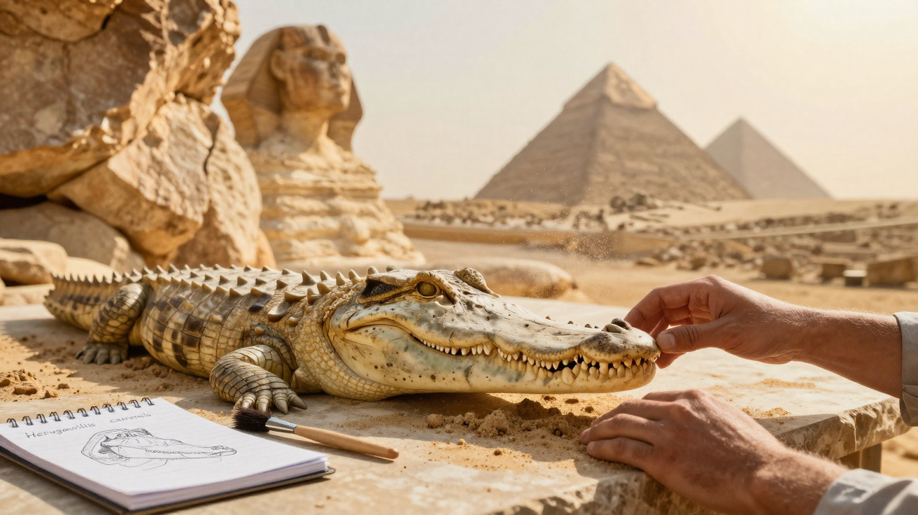 Hand berührt Krokodilmodell vor der Sphinx und Pyramiden in der Wüste, mit Skizzenblock und Pinsel.