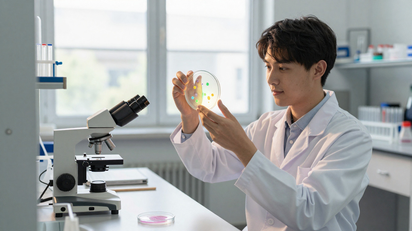 Junger Wissenschaftler im Labor untersucht Petrischale mit bunten Proben neben Mikroskop.